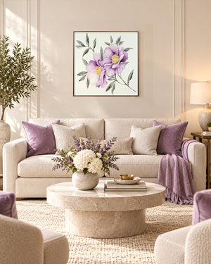 Velvet Bloom purple floral resin canvas art above a sofa in a living room