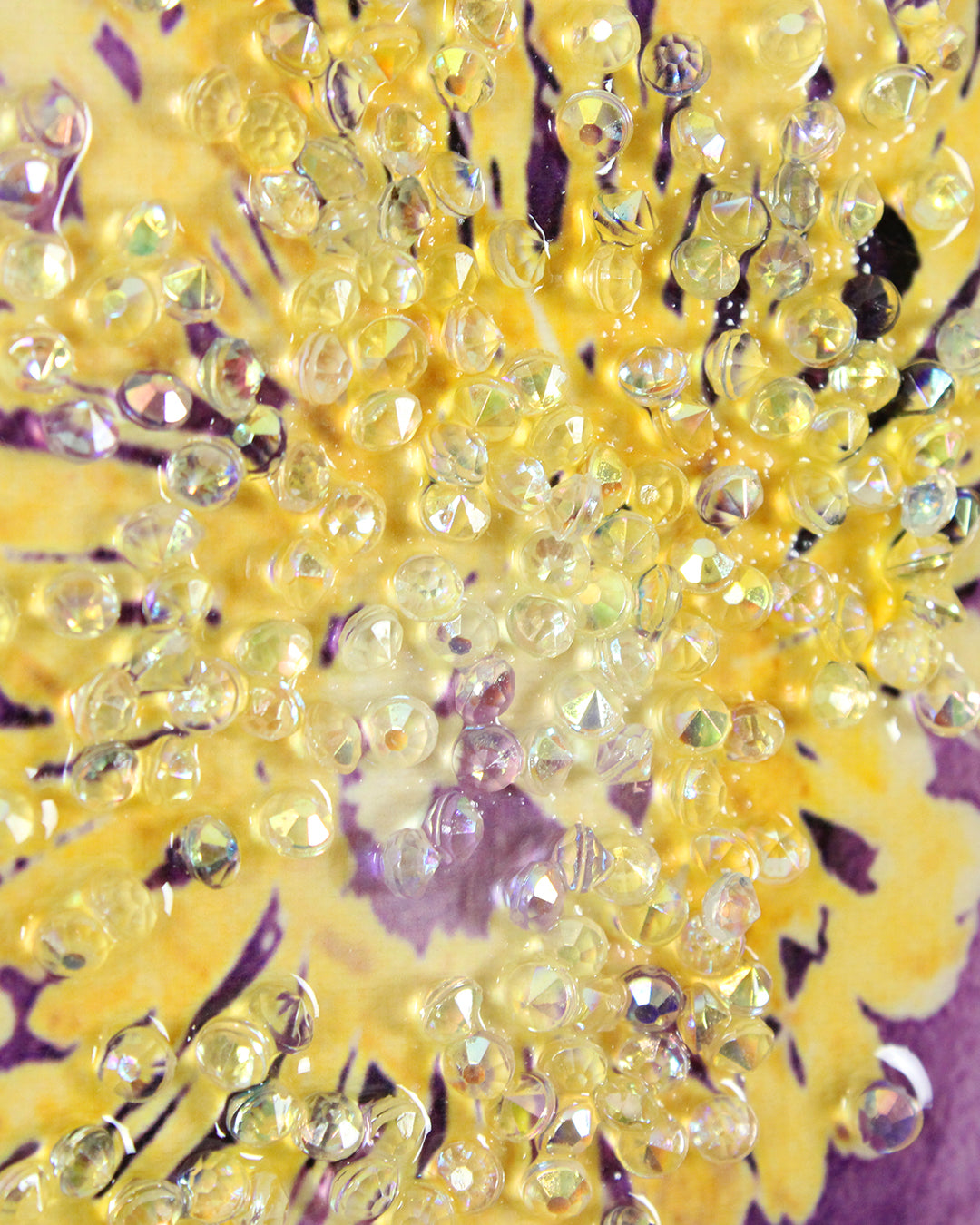 Velvet Bloom purple floral resin canvas art close-up of the resin and crystal flower centre