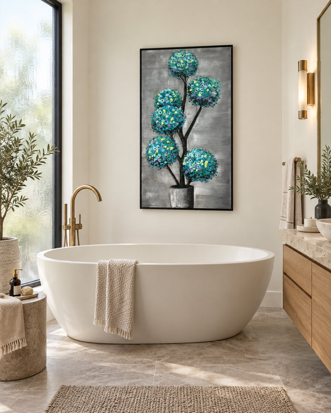 Verdigris Topiary teal botanical canvas art in a bathroom