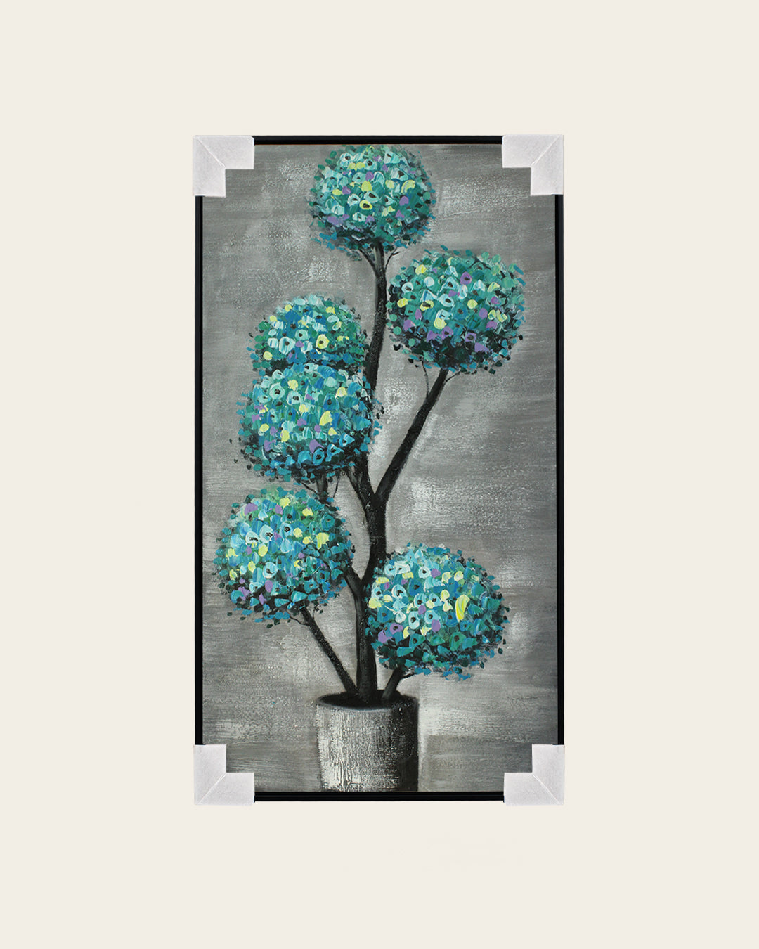 Verdigris Topiary teal botanical canvas art with corner protectors for delivery