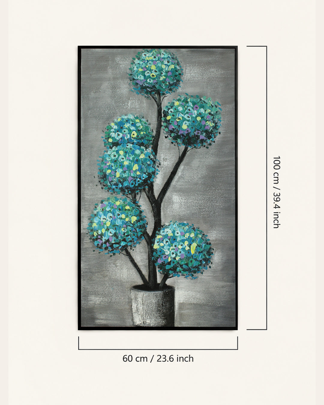 Verdigris Topiary teal botanical canvas art with dimensions