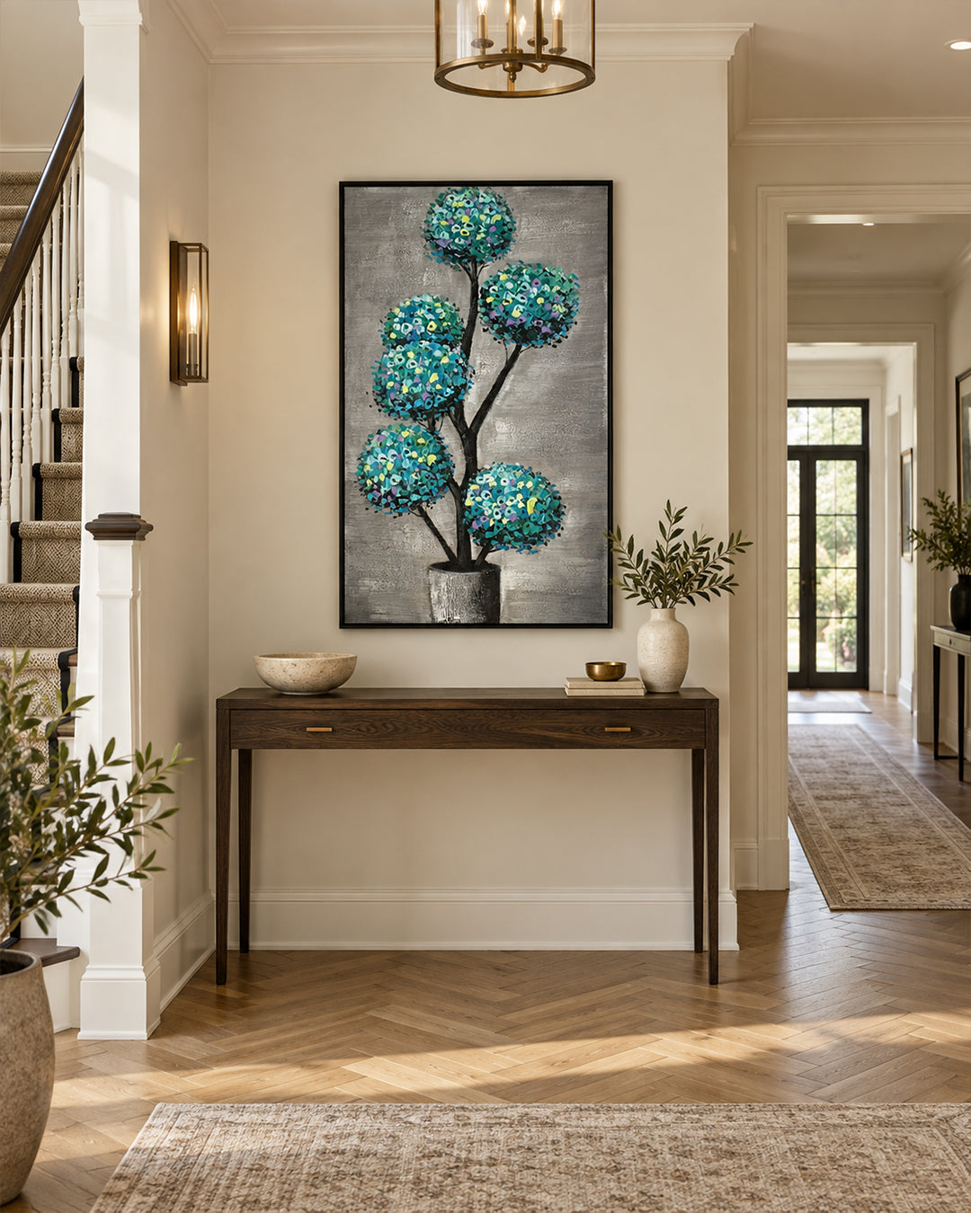 Verdigris Topiary teal botanical canvas art in a hallway
