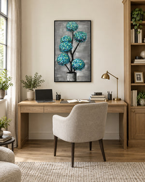 Verdigris Topiary teal botanical canvas art in a home office