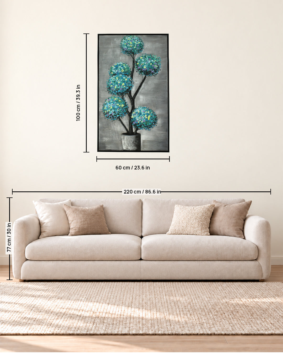 Verdigris Topiary teal botanical canvas art size guide above a sofa