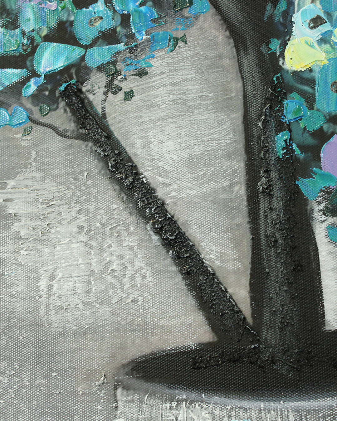 Verdigris Topiary teal botanical canvas art close-up of the textured paint