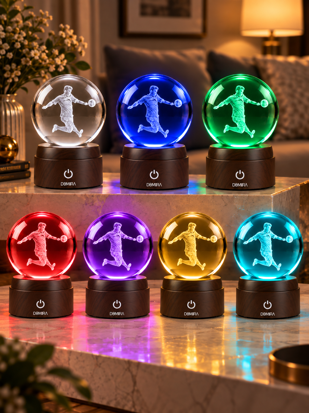Victory Kick crystal globe shown in seven LED colours