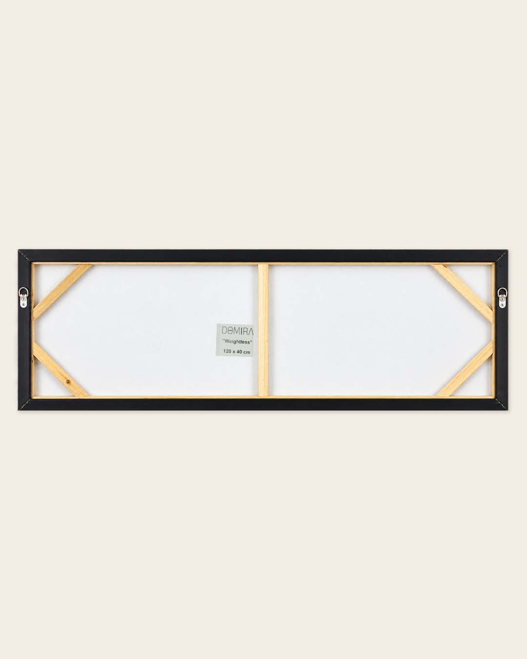 Weightless blue feather panoramic wall art back of the framed canvas