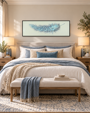 Weightless blue feather panoramic wall art above a bed in a bedroom