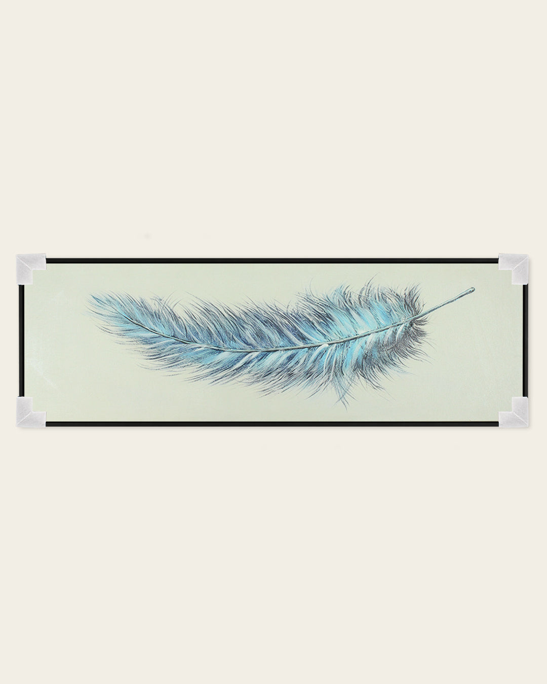 Weightless blue feather panoramic wall art with corner protectors for delivery