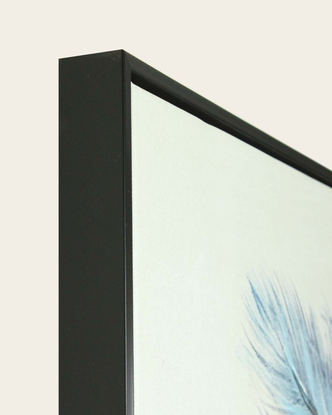 Weightless blue feather panoramic wall art side profile of the black frame