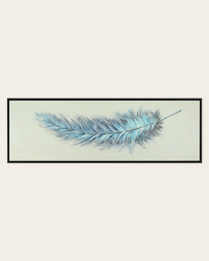 Weightless blue feather panoramic wall art front view in a black frame