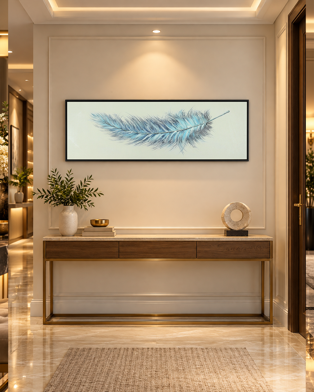 Weightless blue feather panoramic wall art in an entrance hallway