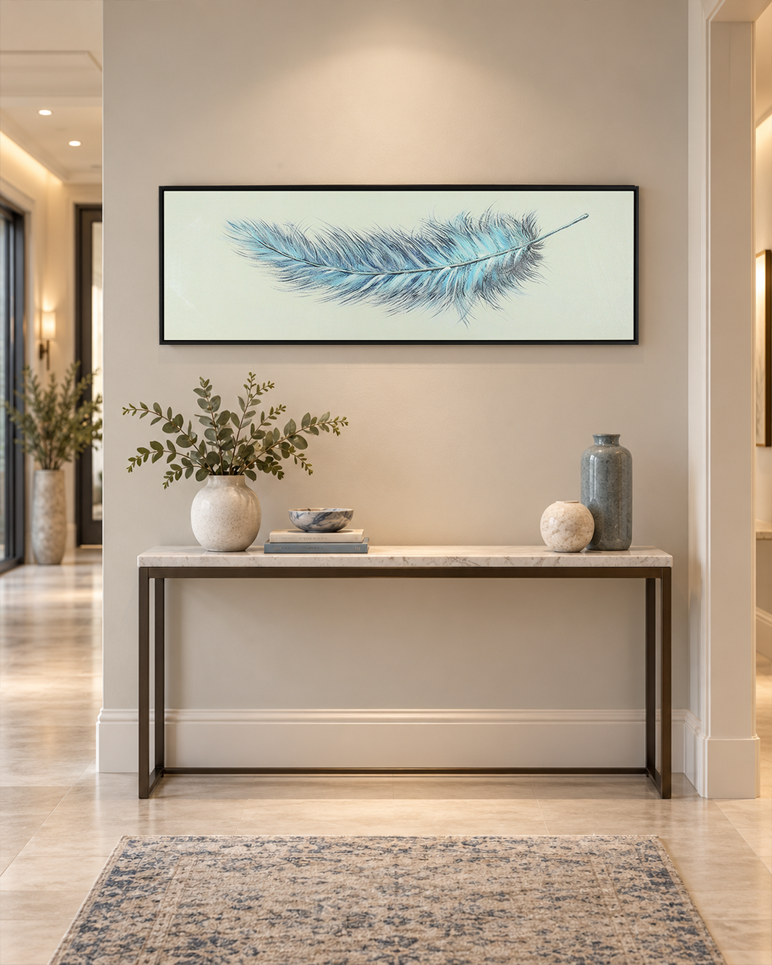 Weightless blue feather panoramic wall art above a console table in a hallway