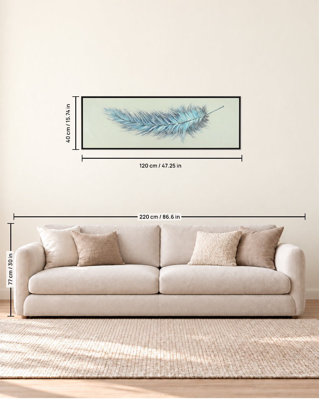 Weightless blue feather panoramic wall art size guide above a sofa