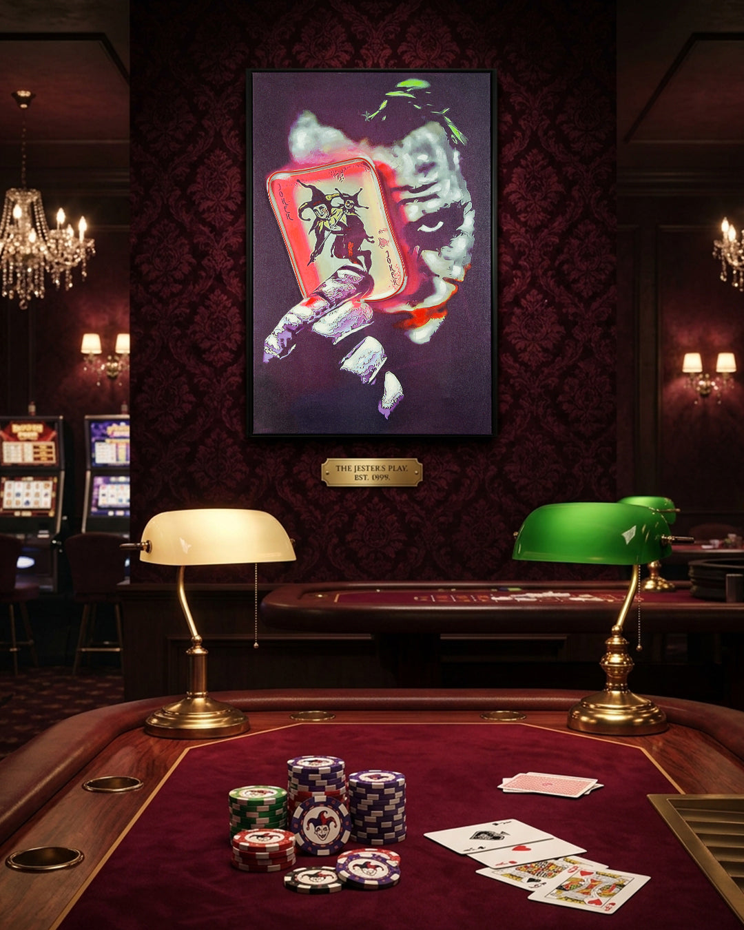 Wild Card playing card LED wall art in a card room above a poker table