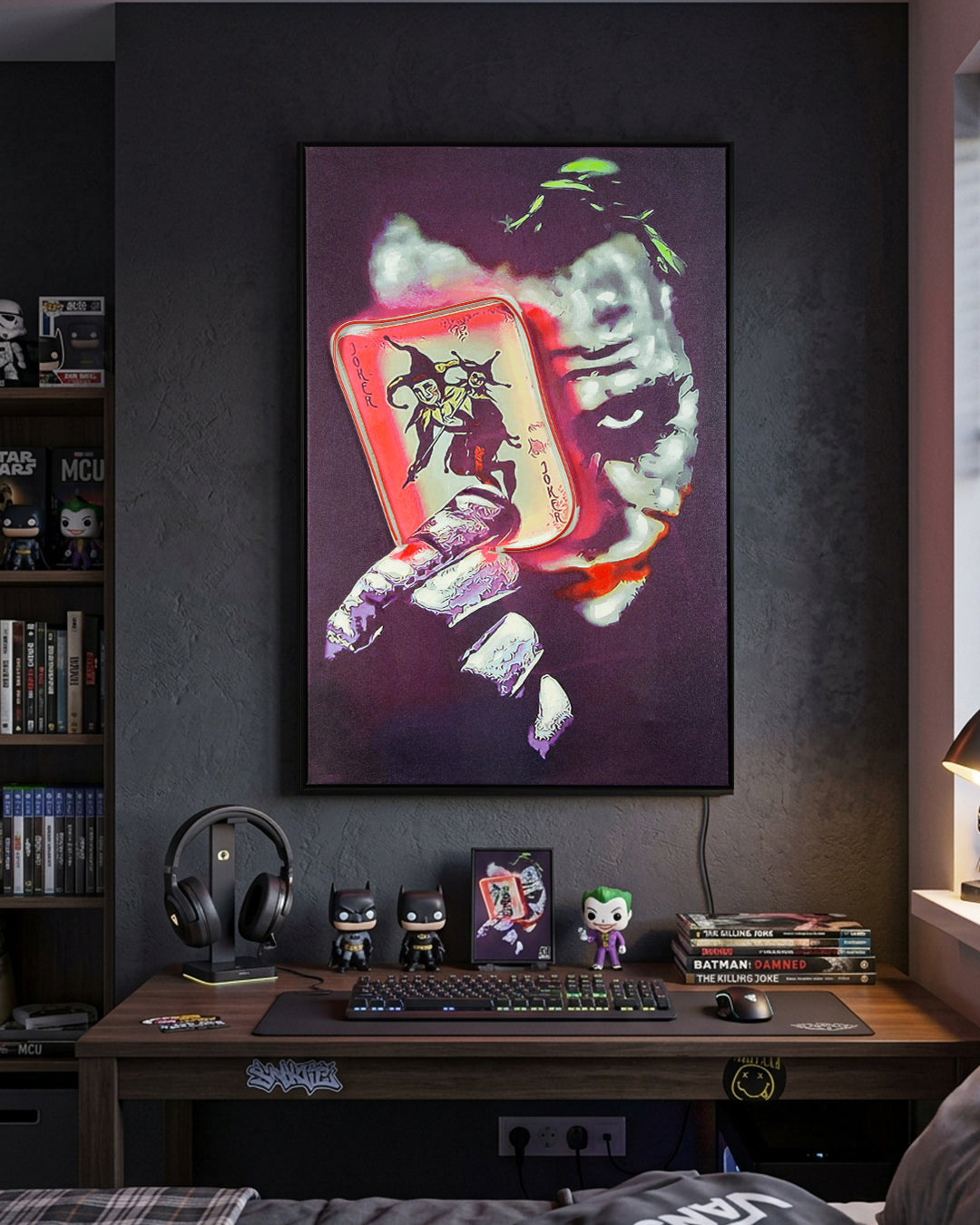 Wild Card playing card LED wall art above a gaming desk