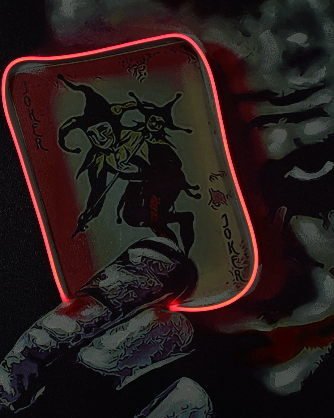Wild Card playing card LED wall art close-up of the illuminated playing card