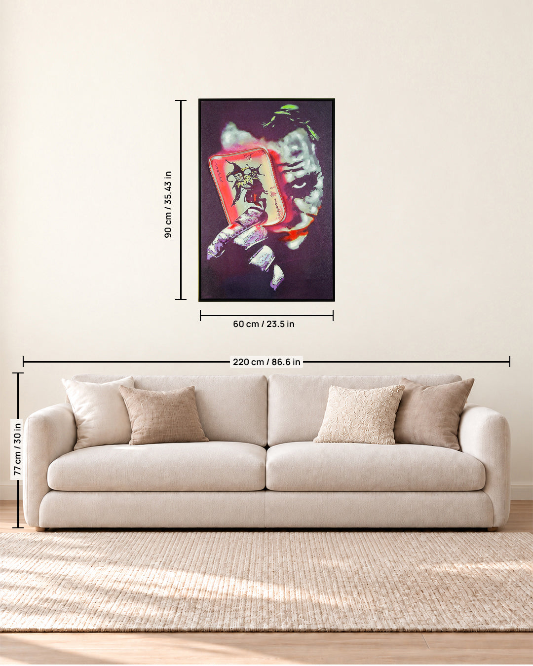 Wild Card playing card LED wall art size guide above a sofa