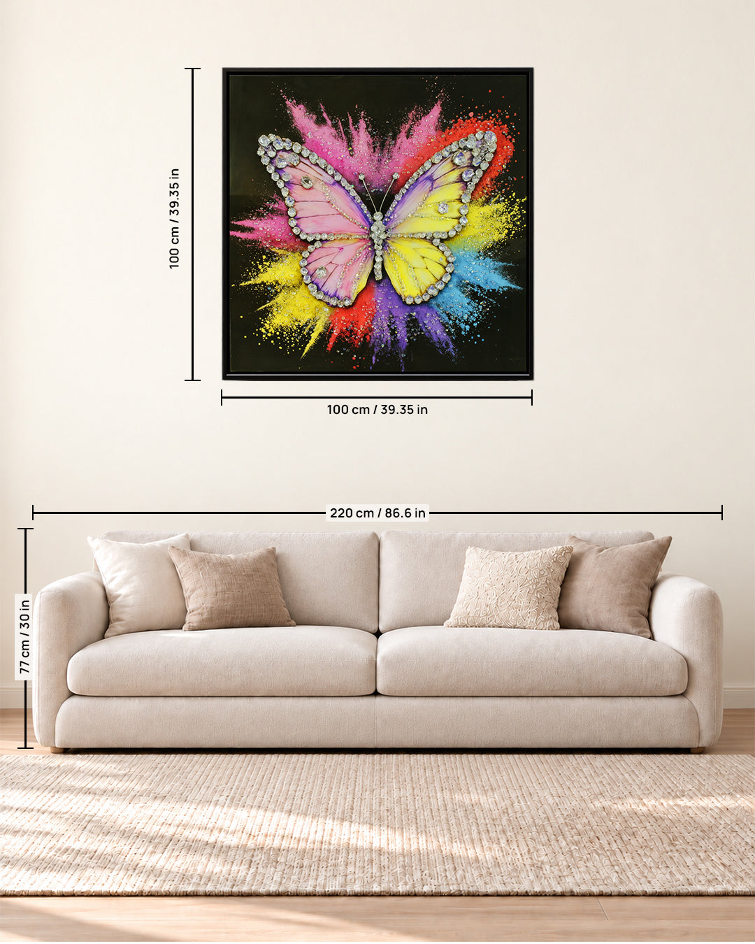 Wings of Diamonds butterfly resin wall art 100 x 100 cm size guide above a sofa
