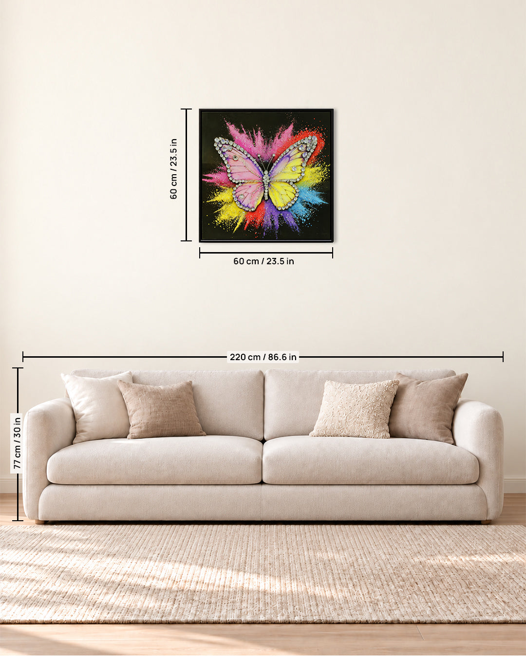 Wings of Diamonds butterfly resin wall art 60 x 60 cm size guide above a sofa
