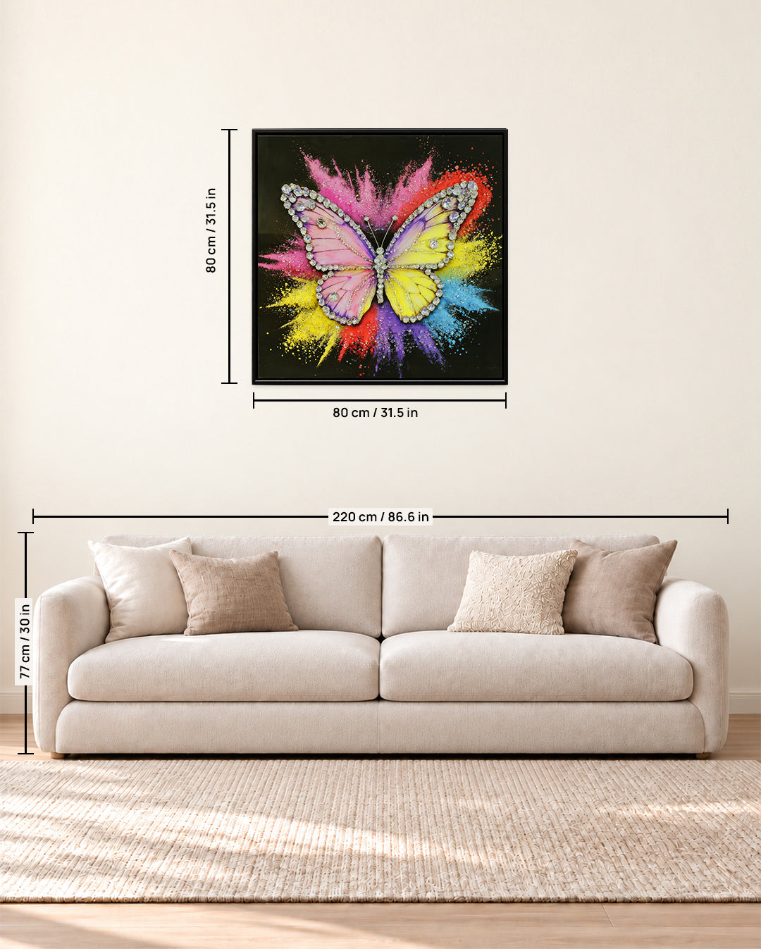 Wings of Diamonds butterfly resin wall art 80 x 80 cm size guide above a sofa