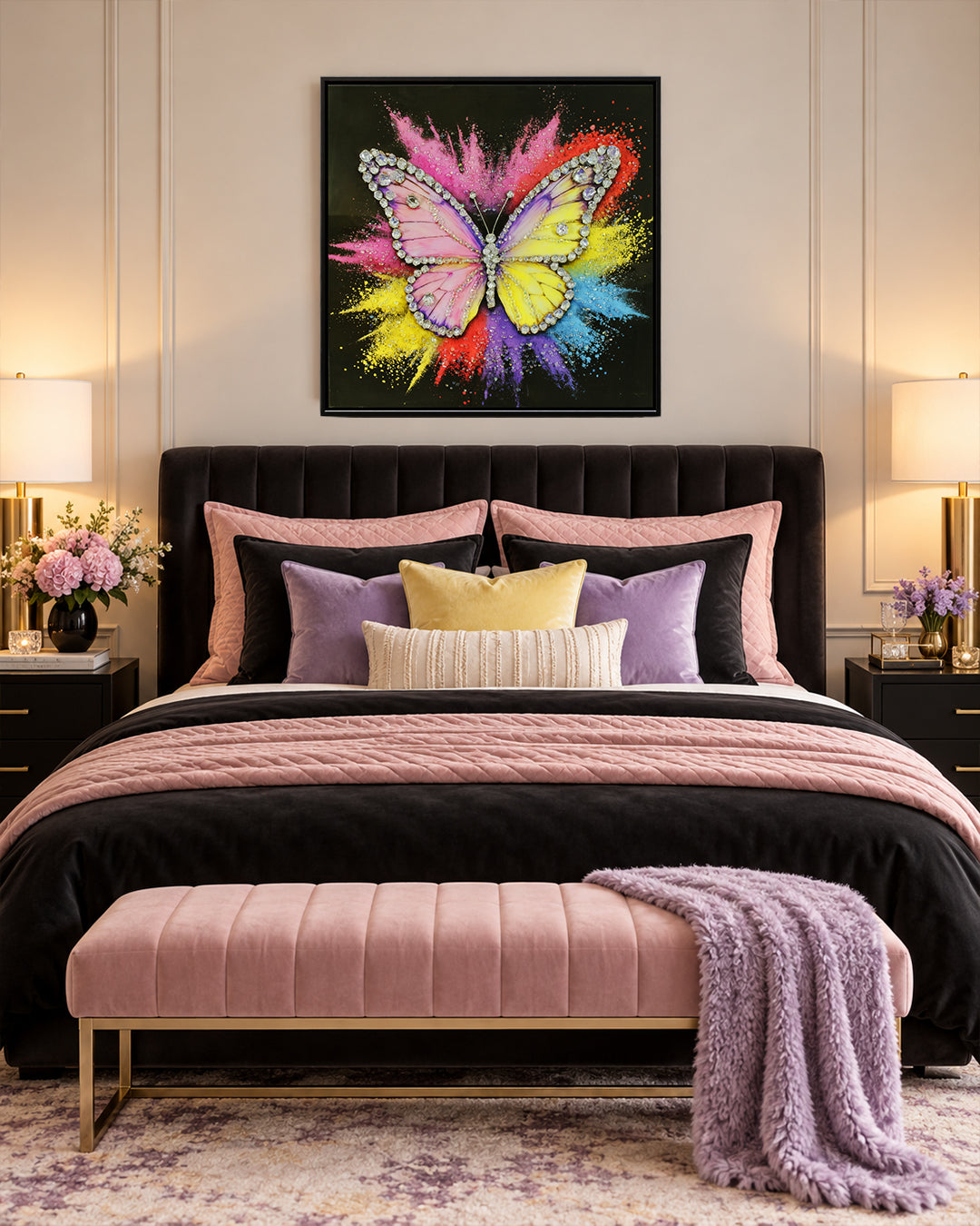 Wings of Diamonds butterfly resin wall art above a bed in a bedroom