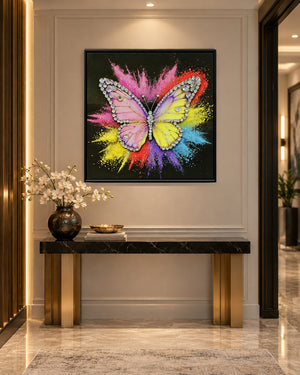 Wings of Diamonds butterfly resin wall art above a console in a hallway