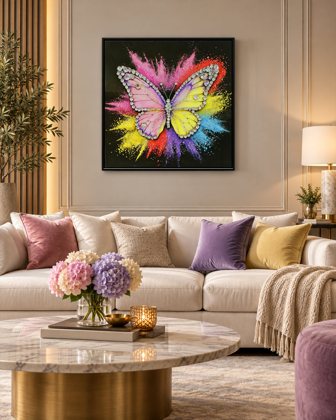 Wings of Diamonds butterfly resin wall art above a sofa in a living room