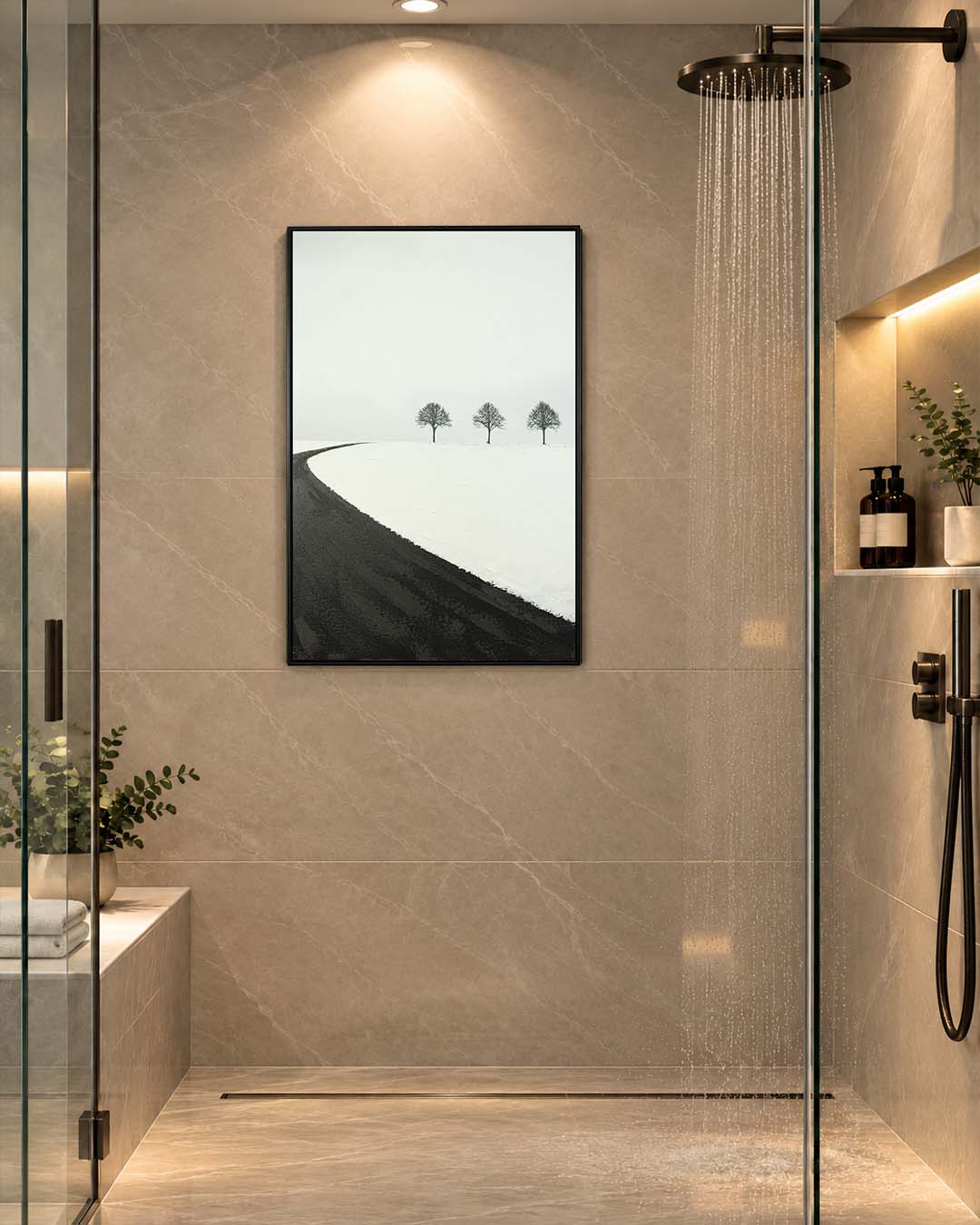 Winter Passage monochrome landscape art in a bathroom beside a freestanding bath