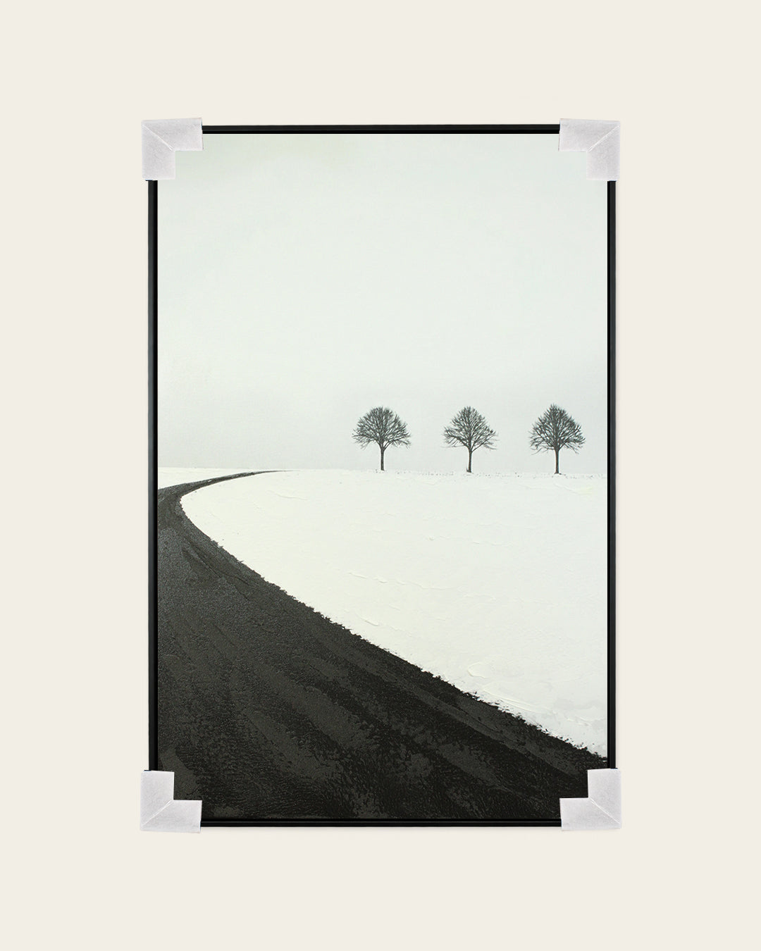 Winter Passage monochrome landscape art with corner protectors for delivery
