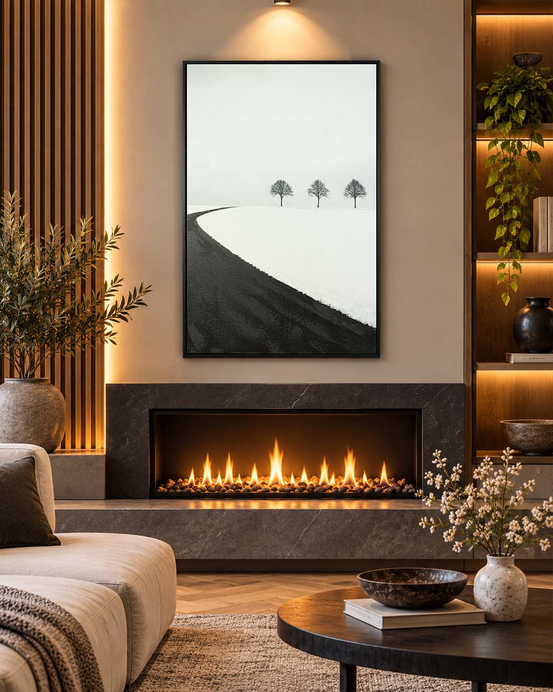 Winter Passage monochrome landscape art above a sofa in a living room