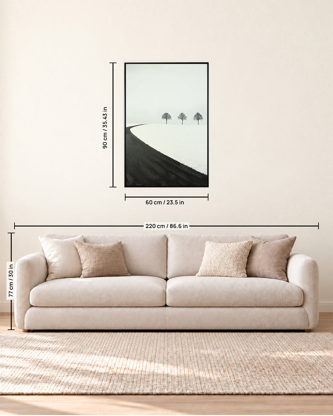Winter Passage monochrome landscape art size guide above a sofa