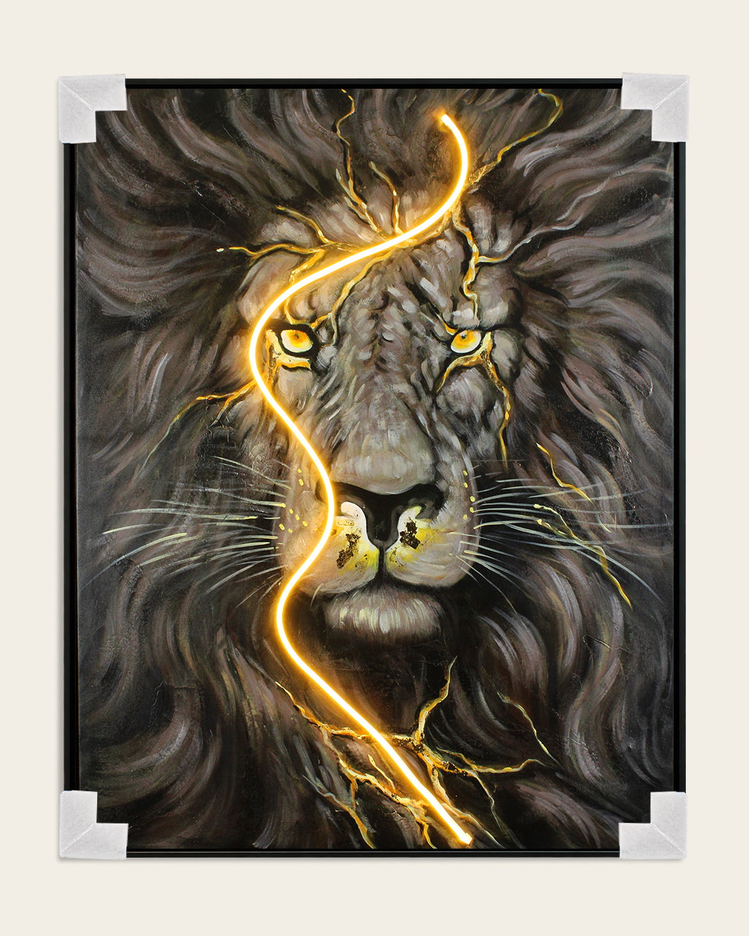 Without Fear illuminated lion wall art with corner protectors for delivery