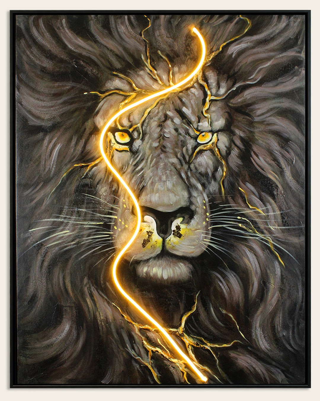 Without Fear illuminated lion wall art with the LED lighting switched on