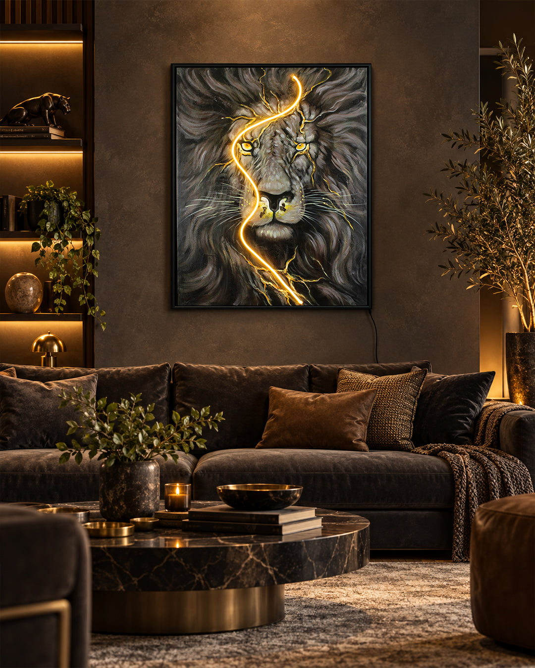 Without Fear illuminated lion wall art in a living room above a sofa