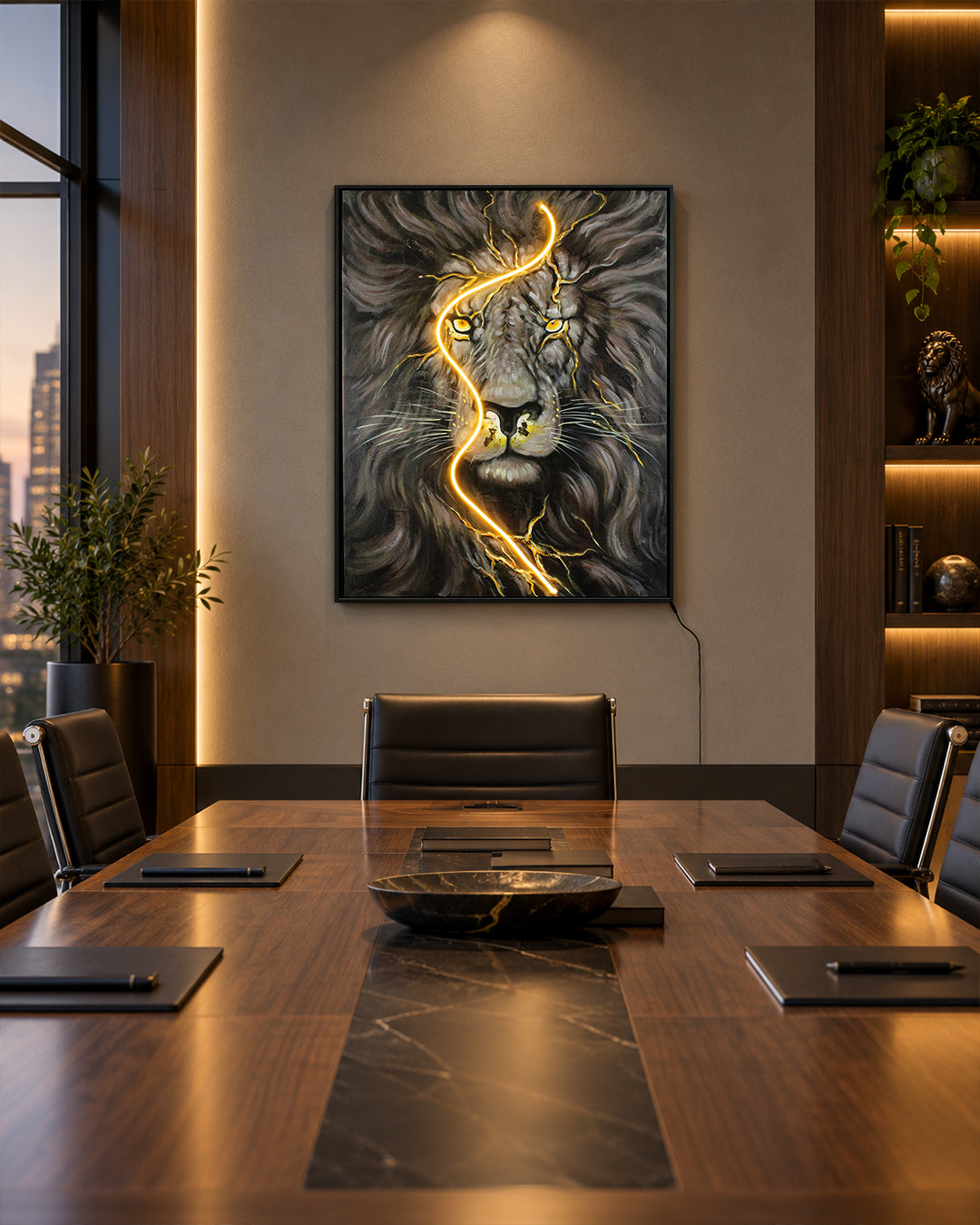 Without Fear illuminated lion wall art in a meeting room