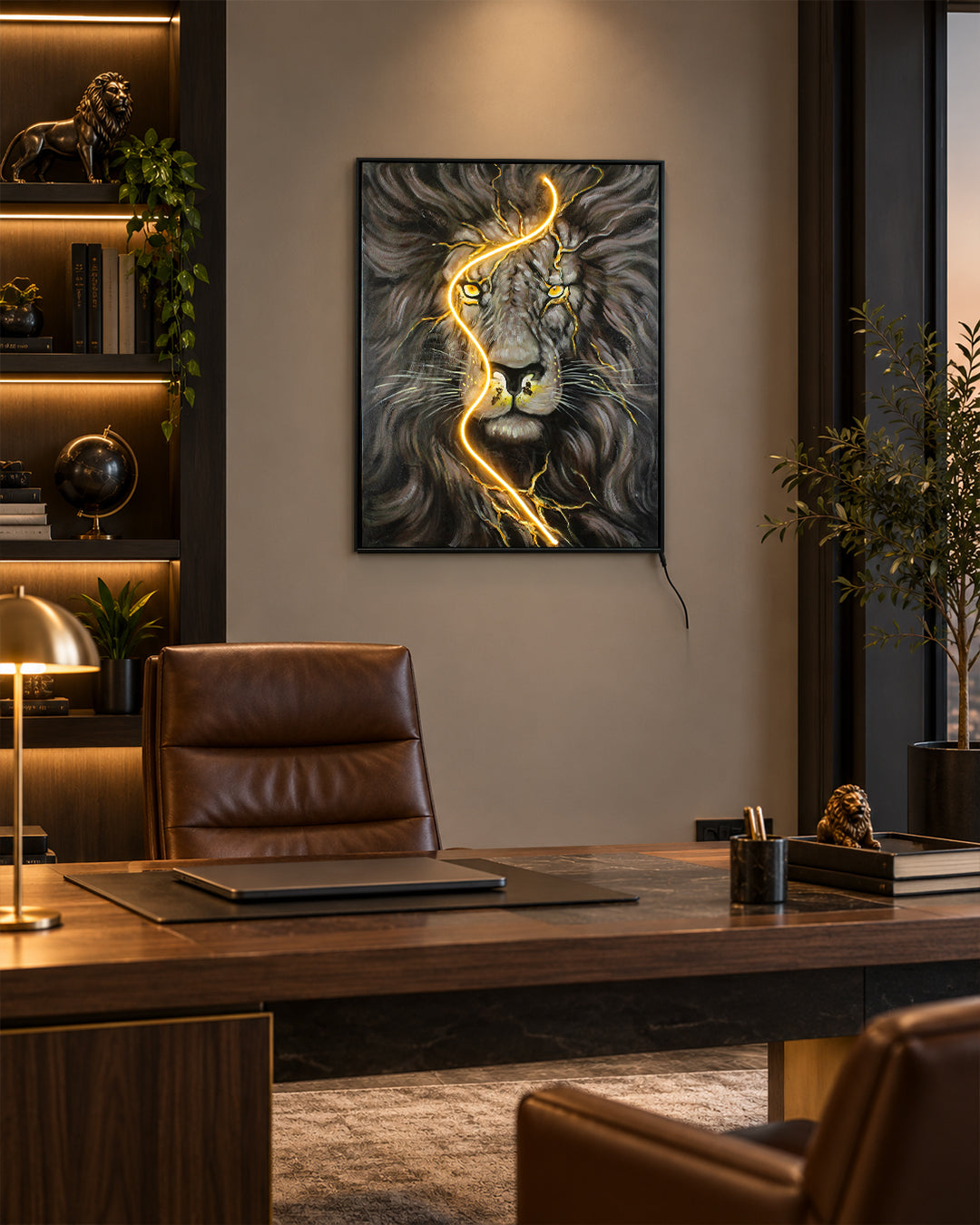 Without Fear illuminated lion wall art in a home office