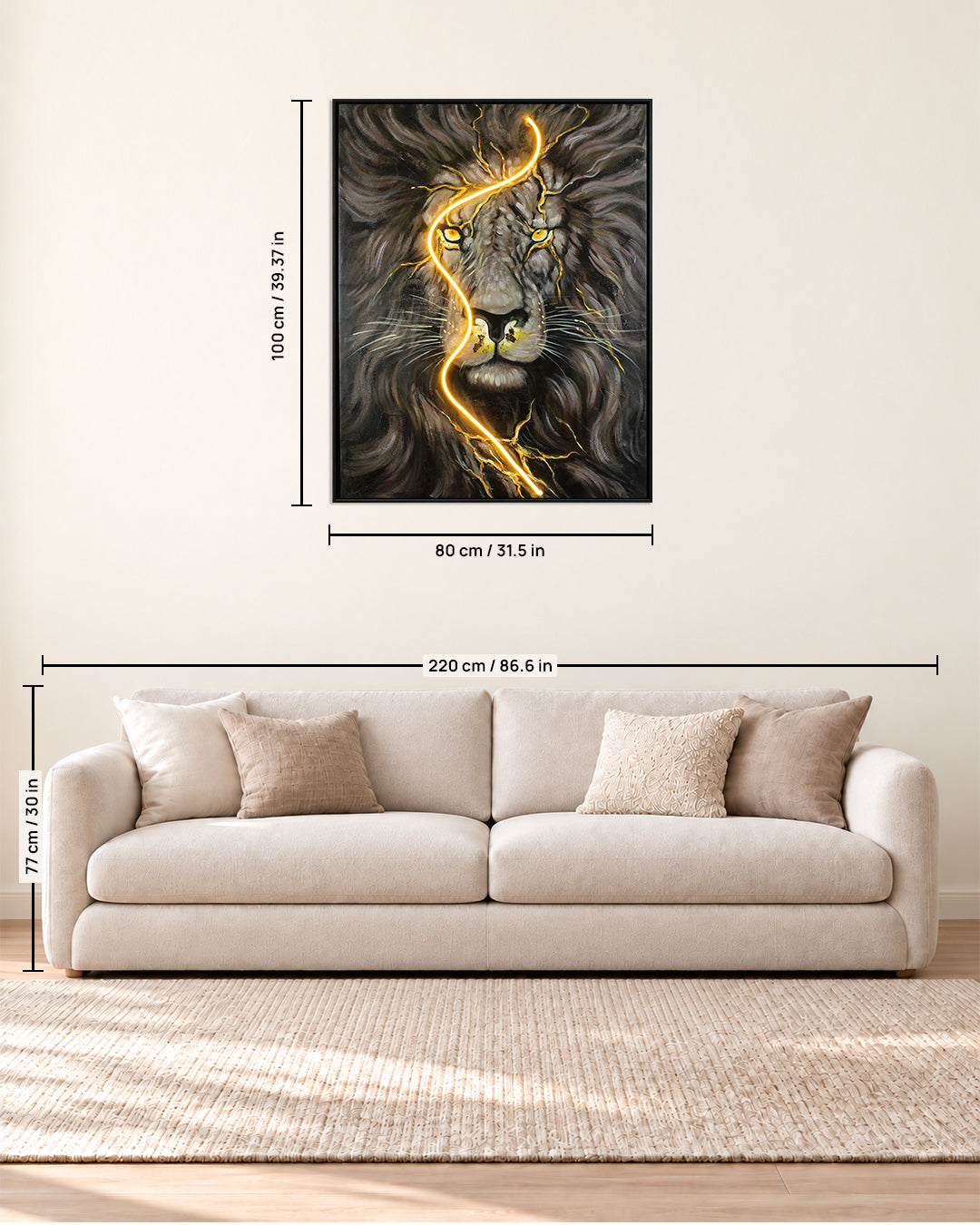 Without Fear illuminated lion wall art size guide above a sofa